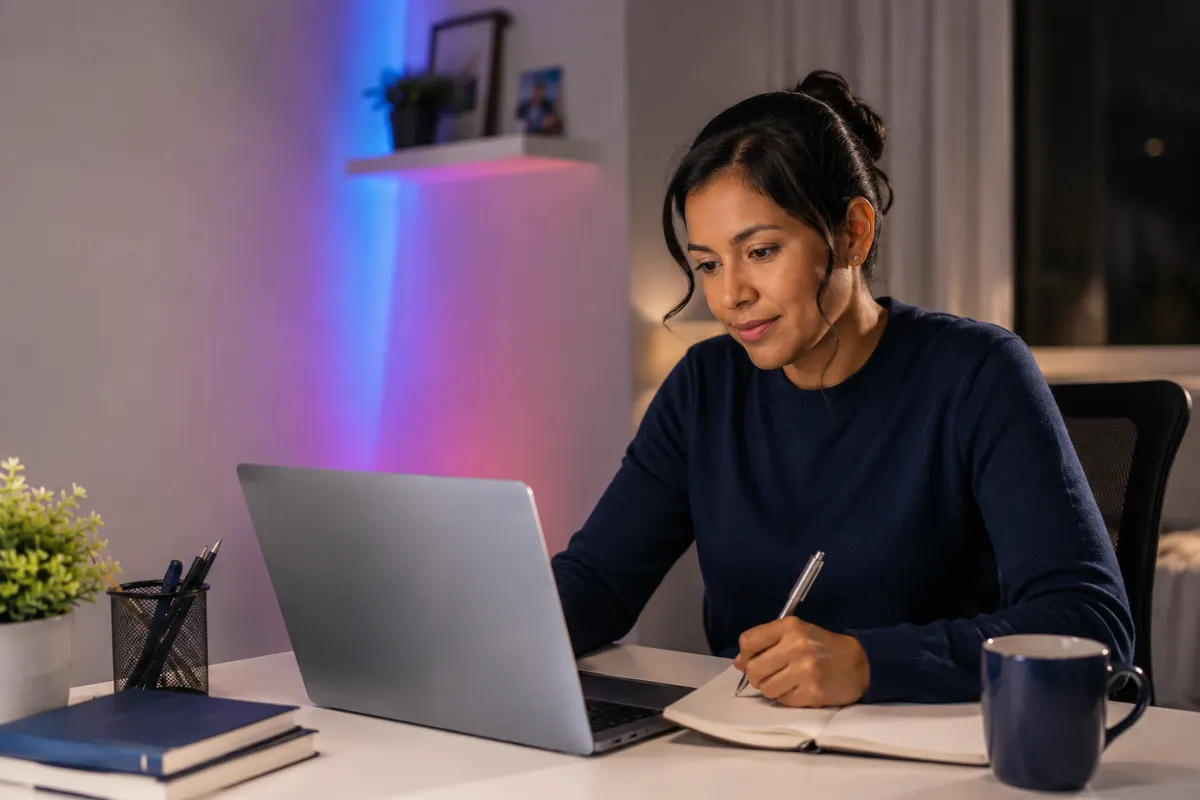 Mujer adulta estudia de noche con su laptop en casa mientras toma apuntes en un cuaderno