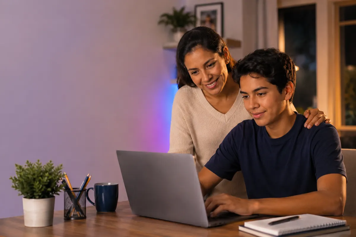 Una madre acompaña a su hijo adolescente mientras él usa la laptop en la mesa del comedor