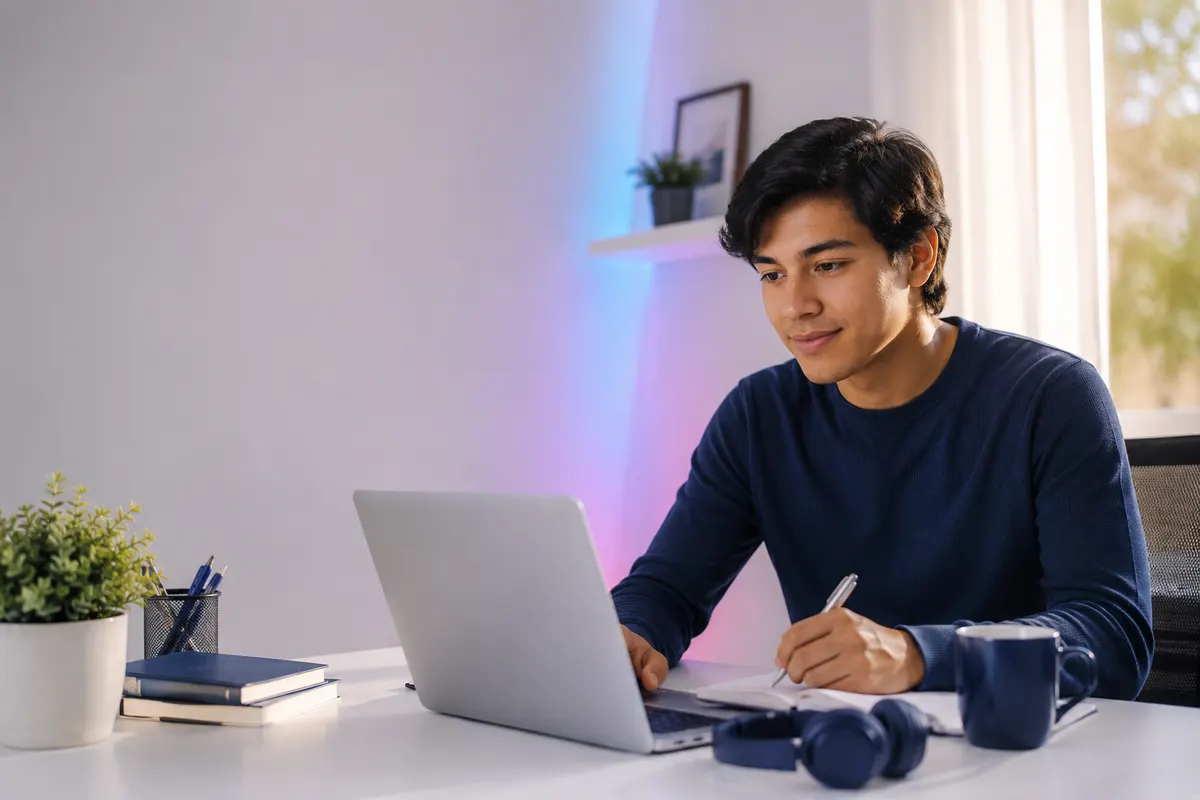 Joven estudia con su laptop en un escritorio junto a una ventana, tomando apuntes a mano