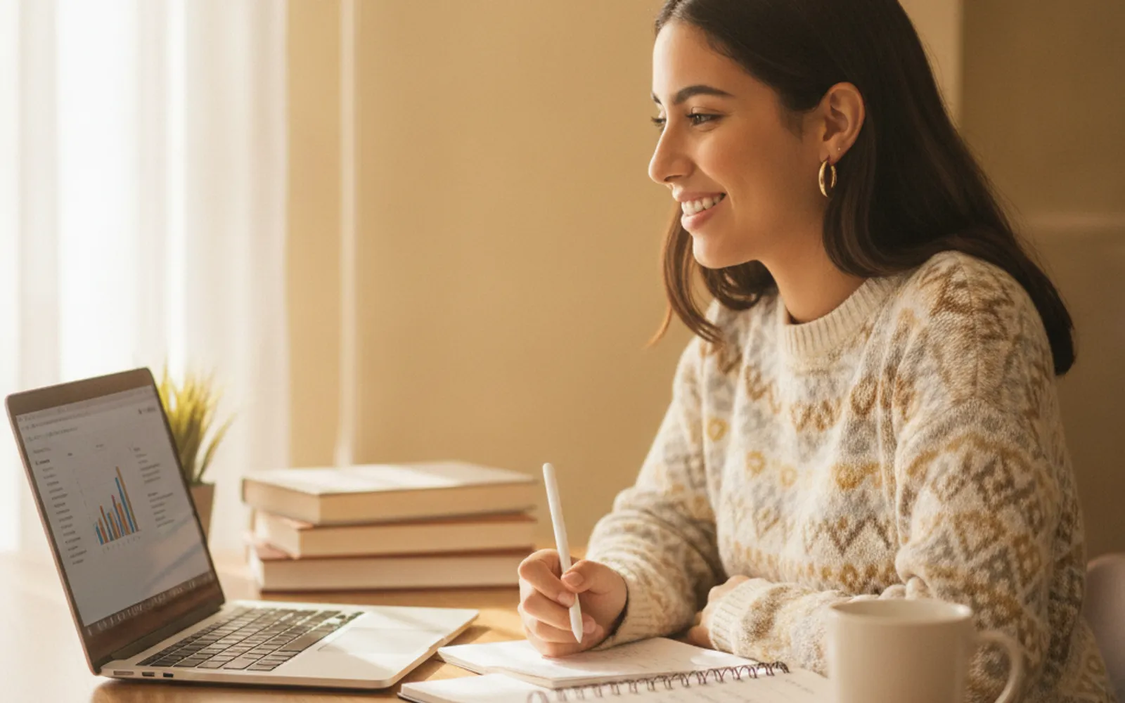 Estudiante joven sonriente frente a su laptop estudiando en casa, con material educativo y ambiente luminoso y moderno
