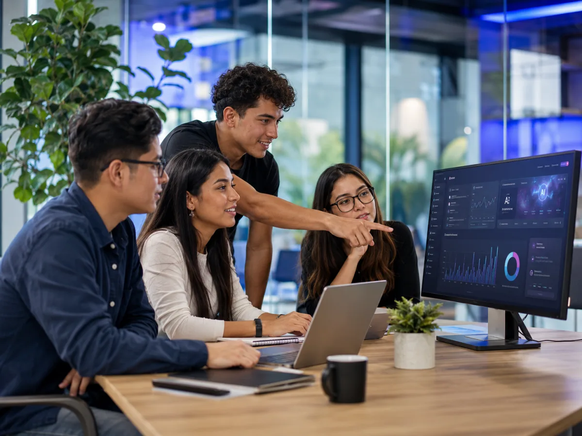 Cuatro estudiantes trabajan juntos frente a una laptop y un monitor con paneles de datos en un espacio de coworking